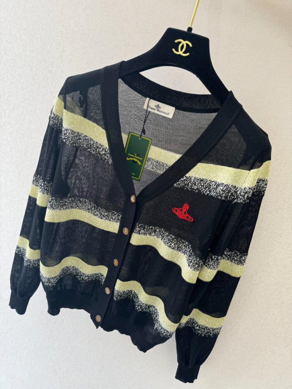 New Vivienne Westwood Striped Virgin Wool Cardigan - Black/Yellow - Size M - Picture 2 of 6